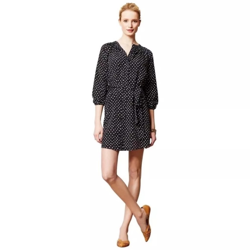 Anthropologie Maeve Navy White Polka Dot Shirt Dress Button Front Belted Size PS